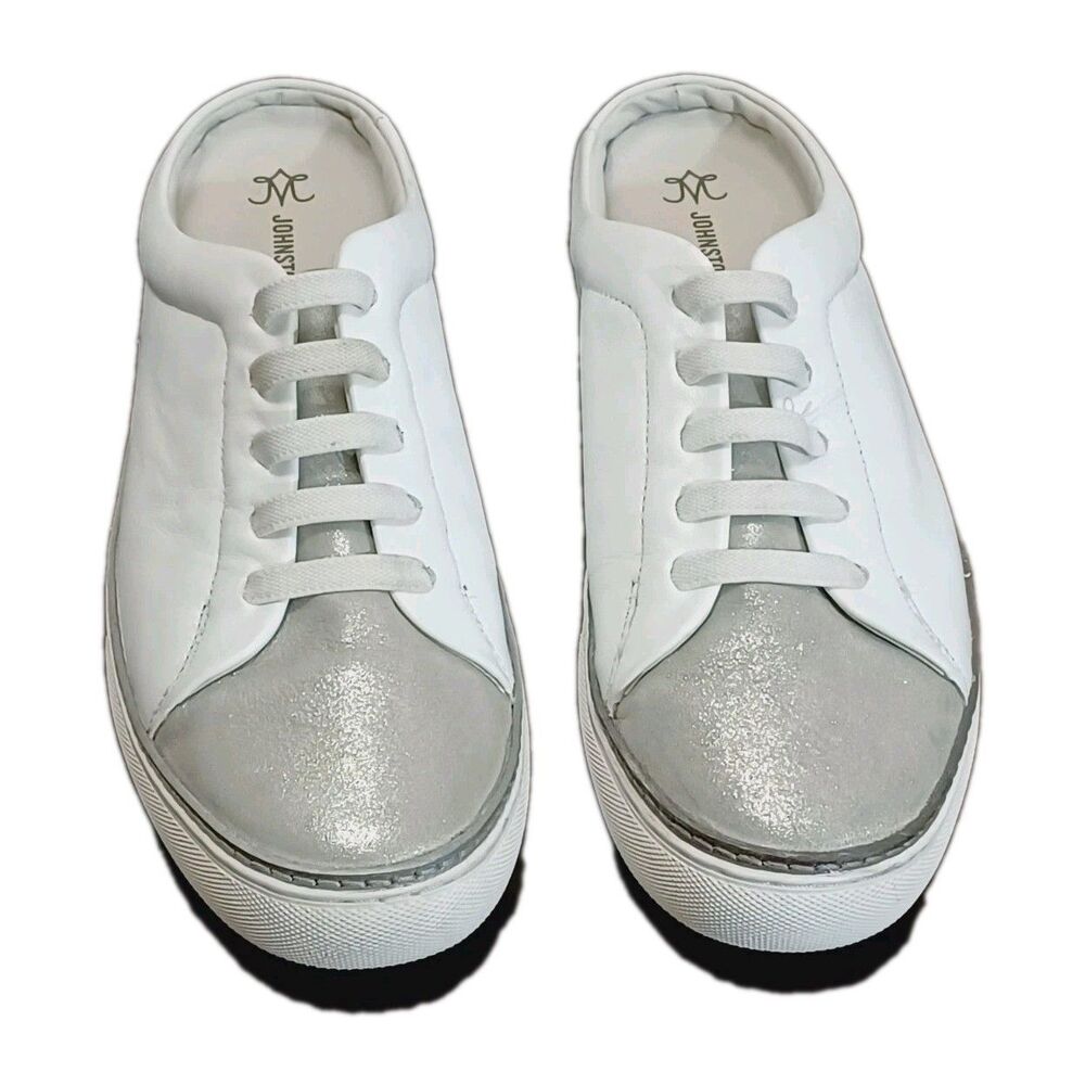 Johnson & Murphy Women's White And Sliver Leather Sneakers Slip-On Mules Size 8